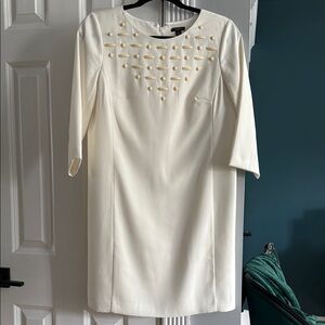Ann Taylor Cream Sheath Dress with Embellished Crew Neck